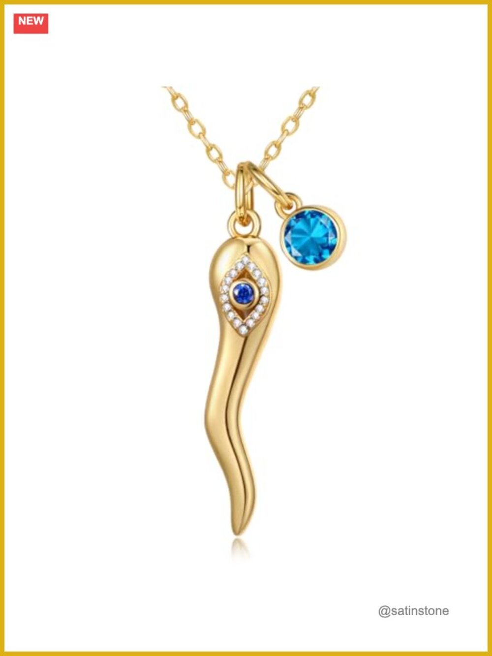 14K Gold Plated Italian Horn Evil Eye Pendant Necklace with Birthstone
